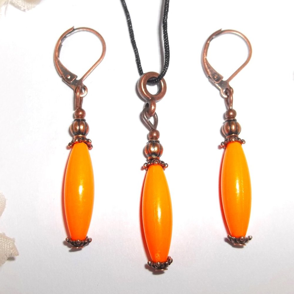 Neon Orange Jewelry Set Boho Style Bronze Handmade Beaded Gift Idea NWT 6676